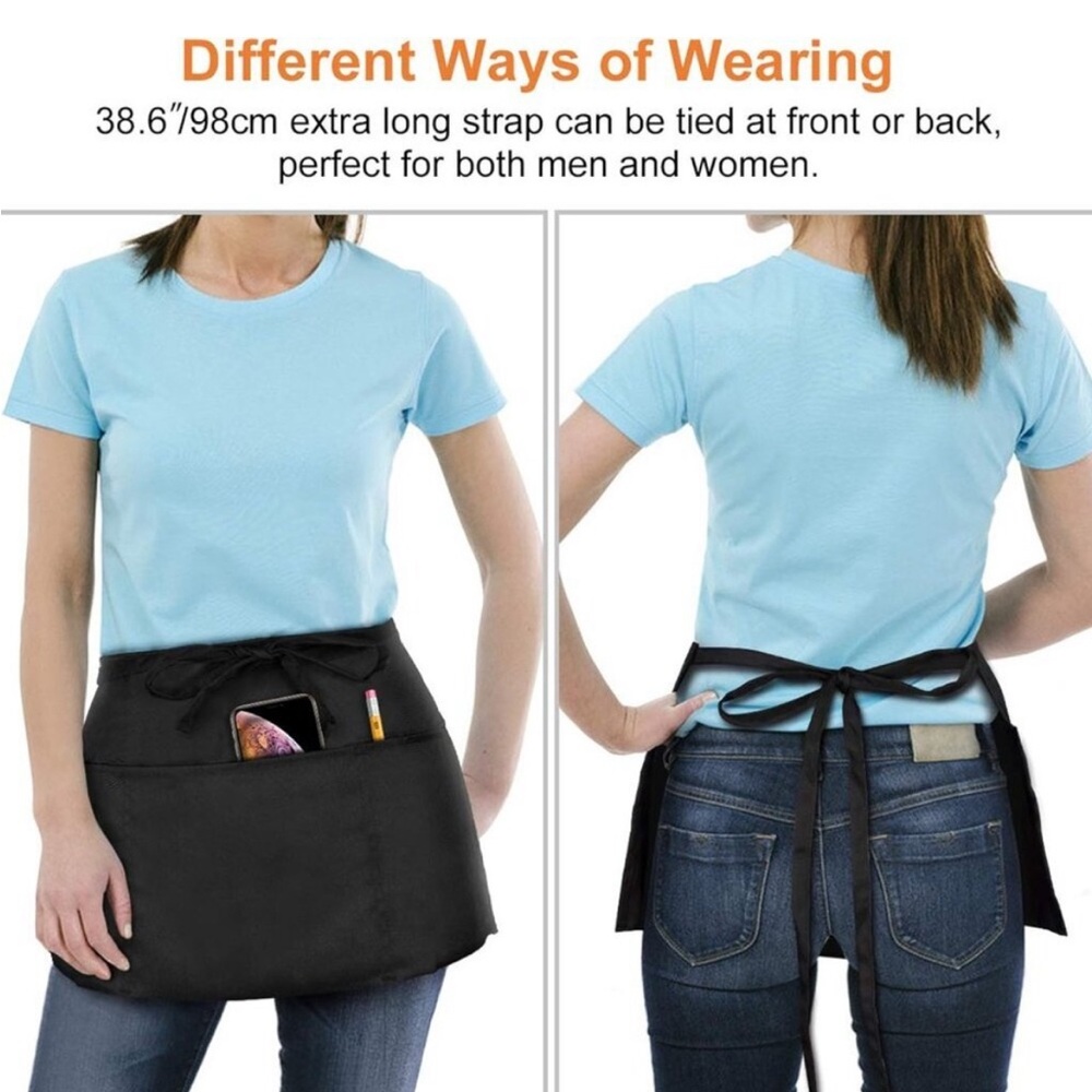 3 Black Aprons Waist Apron 3 Pockets Waitress Apron Cotton Poly